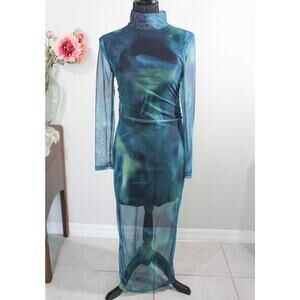 New Size Large Sheer Mesh Maxi Dress Womens Teal Green Swirl Long Sleeve Bodycon